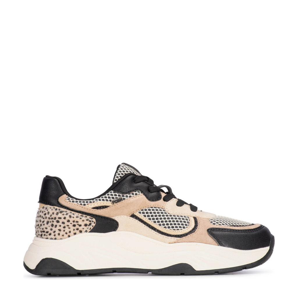 Beige en zwarte dames POSH by Poelman Macy chunky sneakers van imitatieleer/imitatiesude met veters