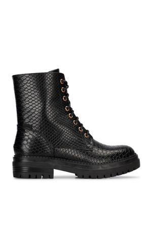 Door veterboots met slangenprint zwart