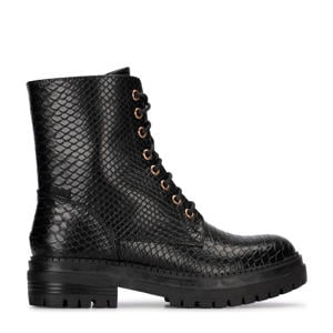 Door veterboots met slangenprint zwart