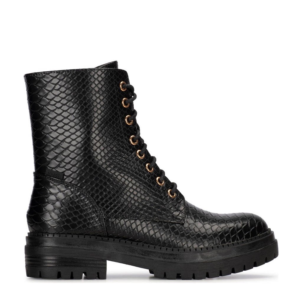 Zwarte dames POSH by Poelman Door veterboots van imitatieleer met rits- en vetersluiting en slangenprint
