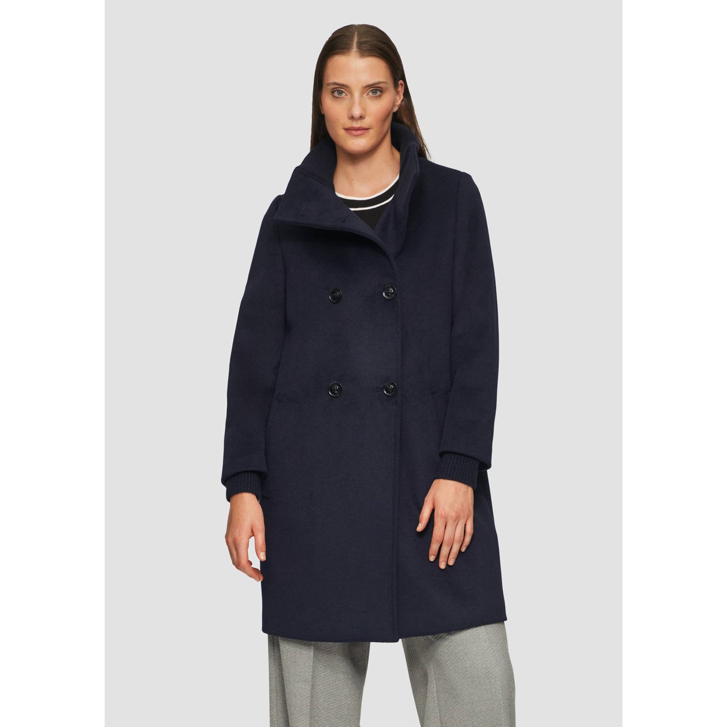 S.Oliver BLACK LABEL Regular fit lange wollen jas met geribde opstaande kraag