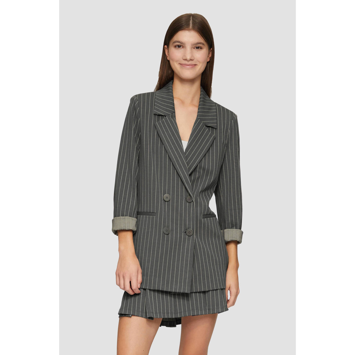 Q S by s.Oliver oversized blazer met krijtstreep grijs