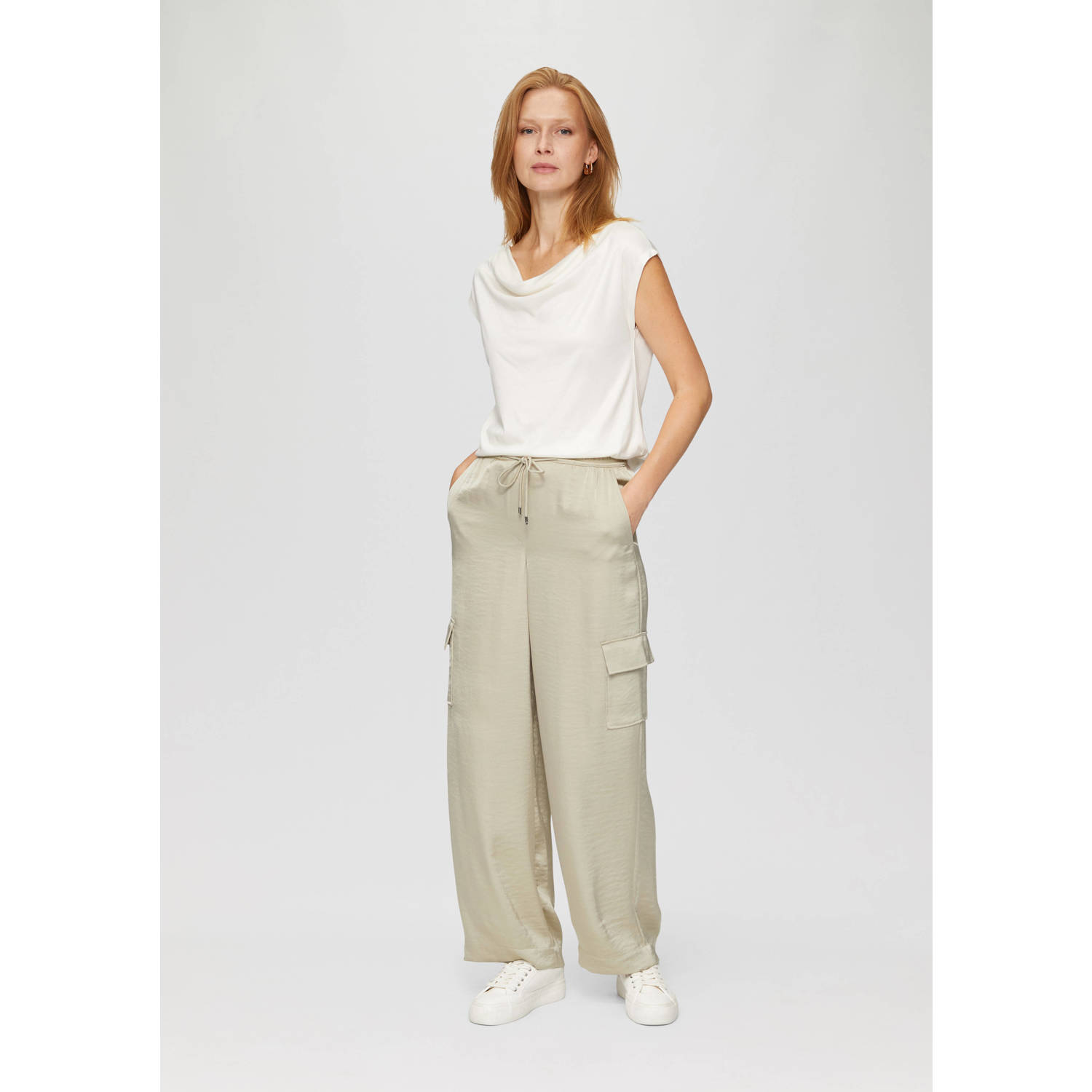 S.Oliver BLACK LABEL satijnen cargo broek beige