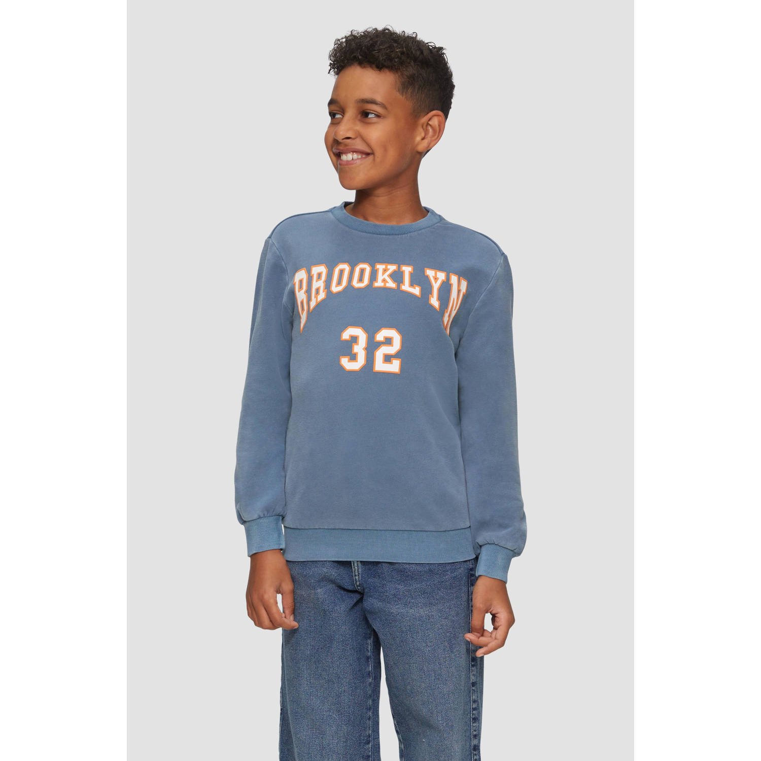 s.Oliver sweater met printopdruk blauw wit oranje