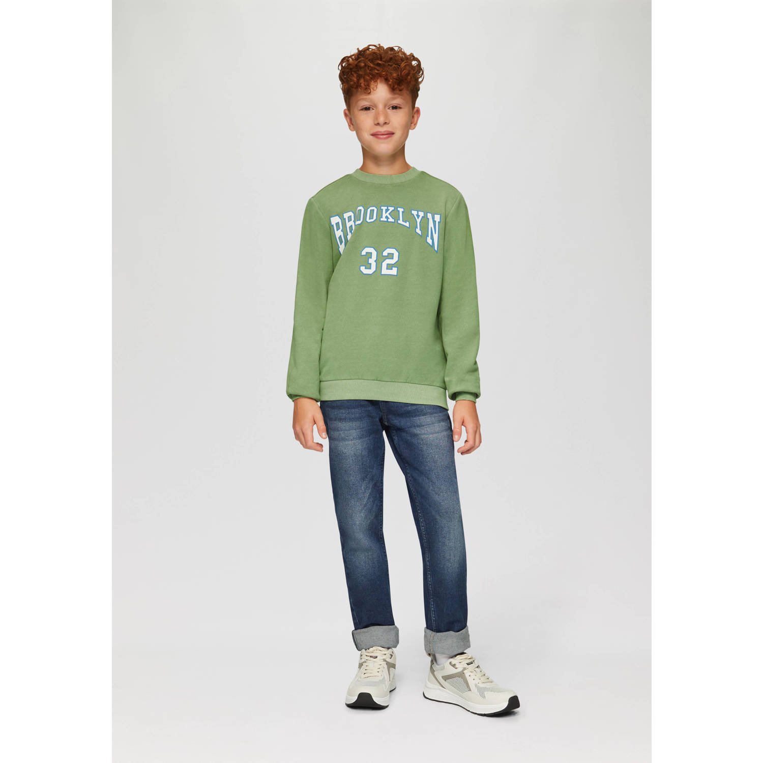 s.Oliver sweater met printopdruk olijfgroen blauw wit