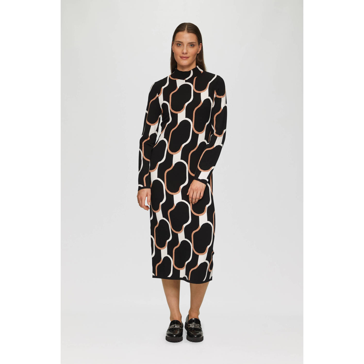 s.Oliver BLACK LABEL fijngebreide bodycon jurk met grafische print zwart ecru beige