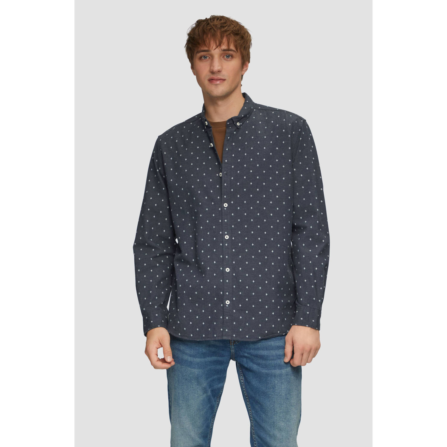 Q S by s.Oliver regular fit overhemd met all over print donkerblauw