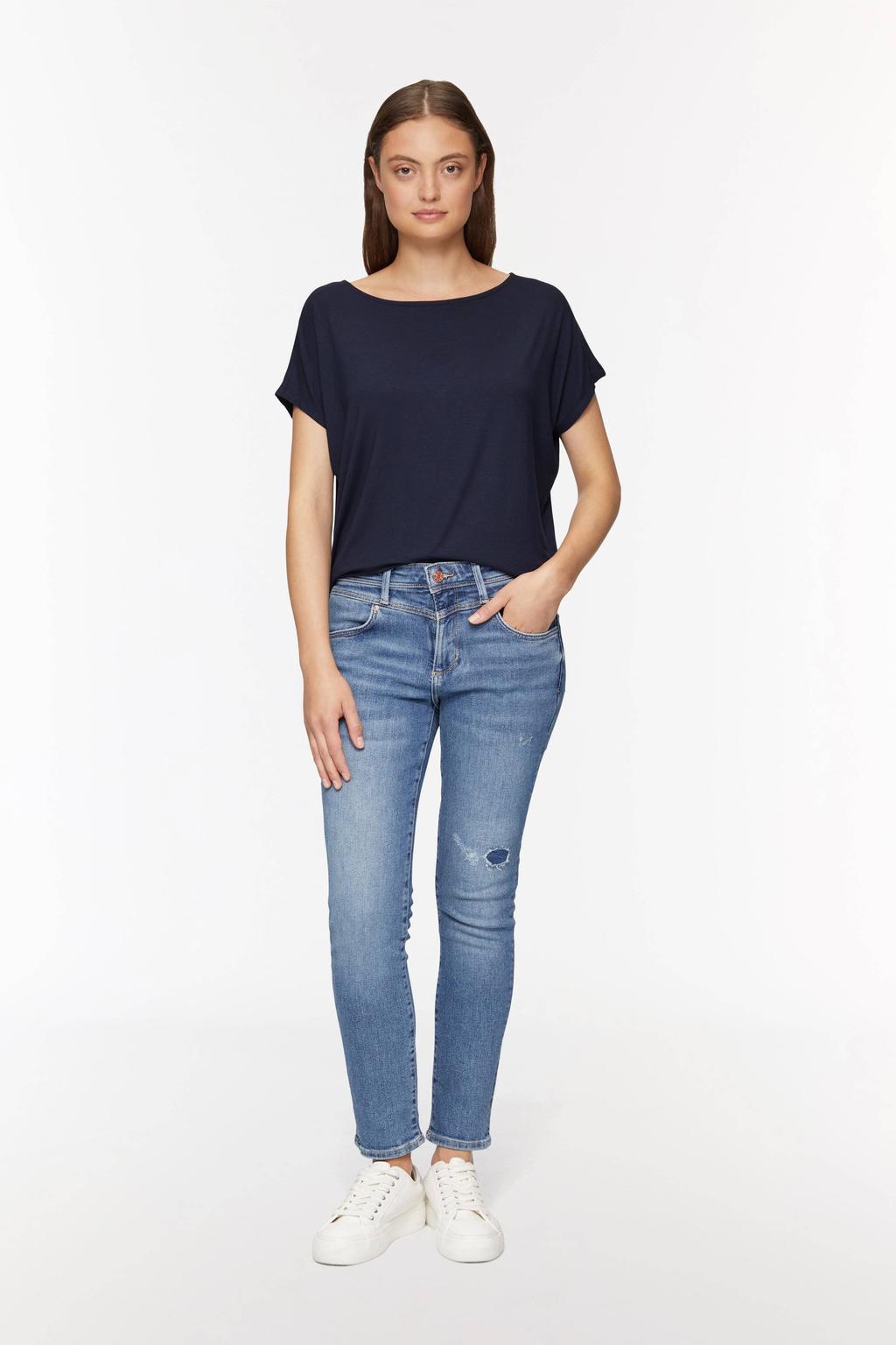 Marineblauw dames s.Oliver top blauw van viscose met effen, korte mouwen en ronde hals