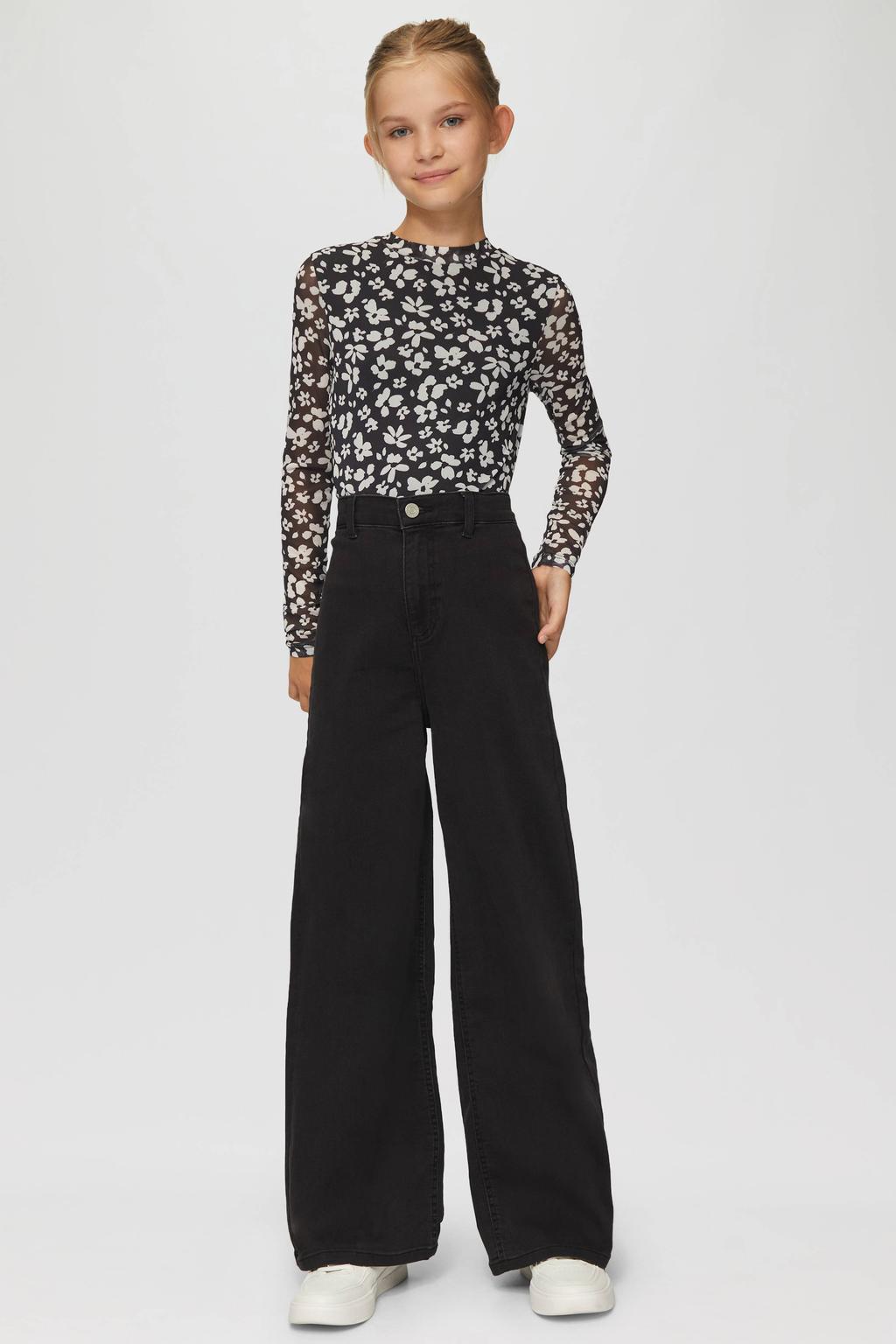 Black denim meisjes s.Oliver high waist wide leg jeans black SLIM van stretchdenim met rits- en knoopsluiting en effen