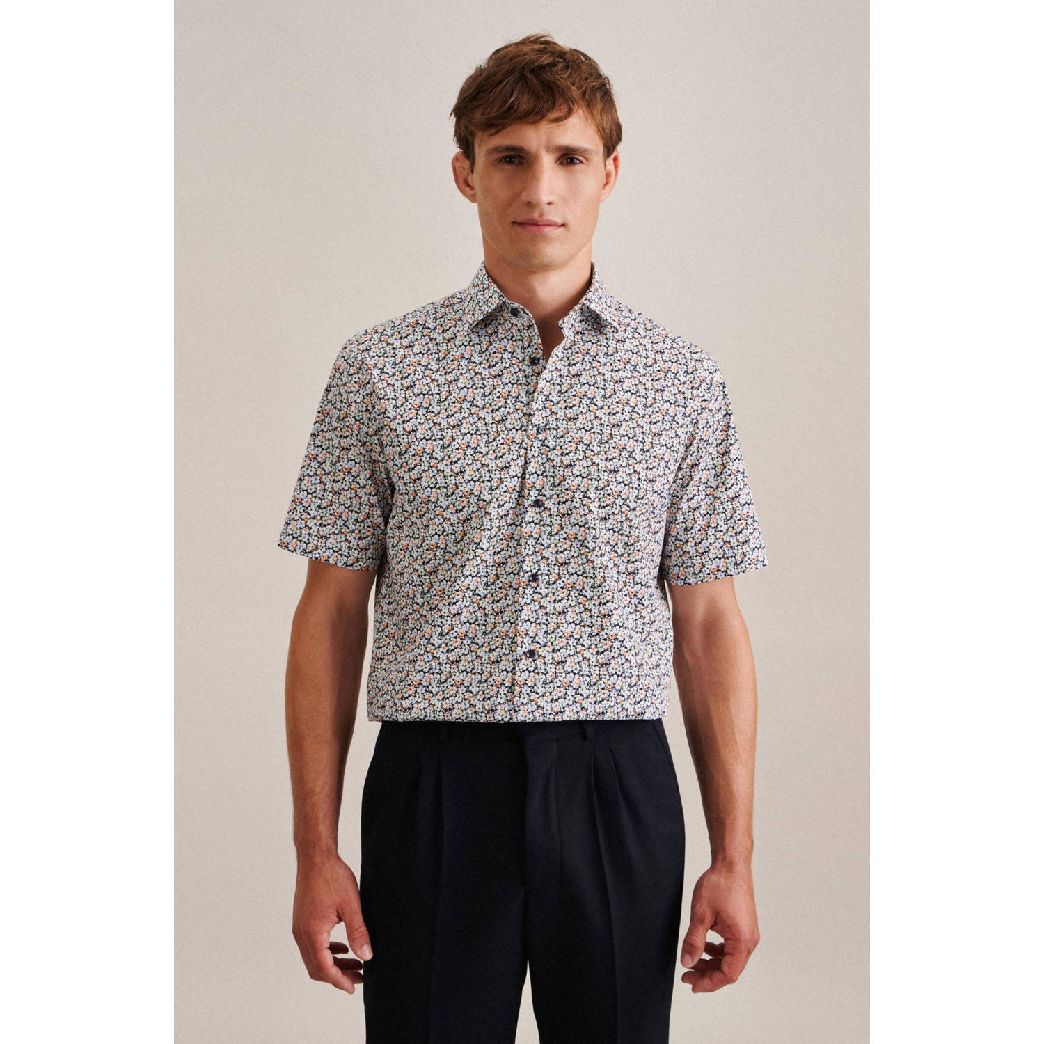 Seidensticker regular fit overhemd met all over print donkerblauw
