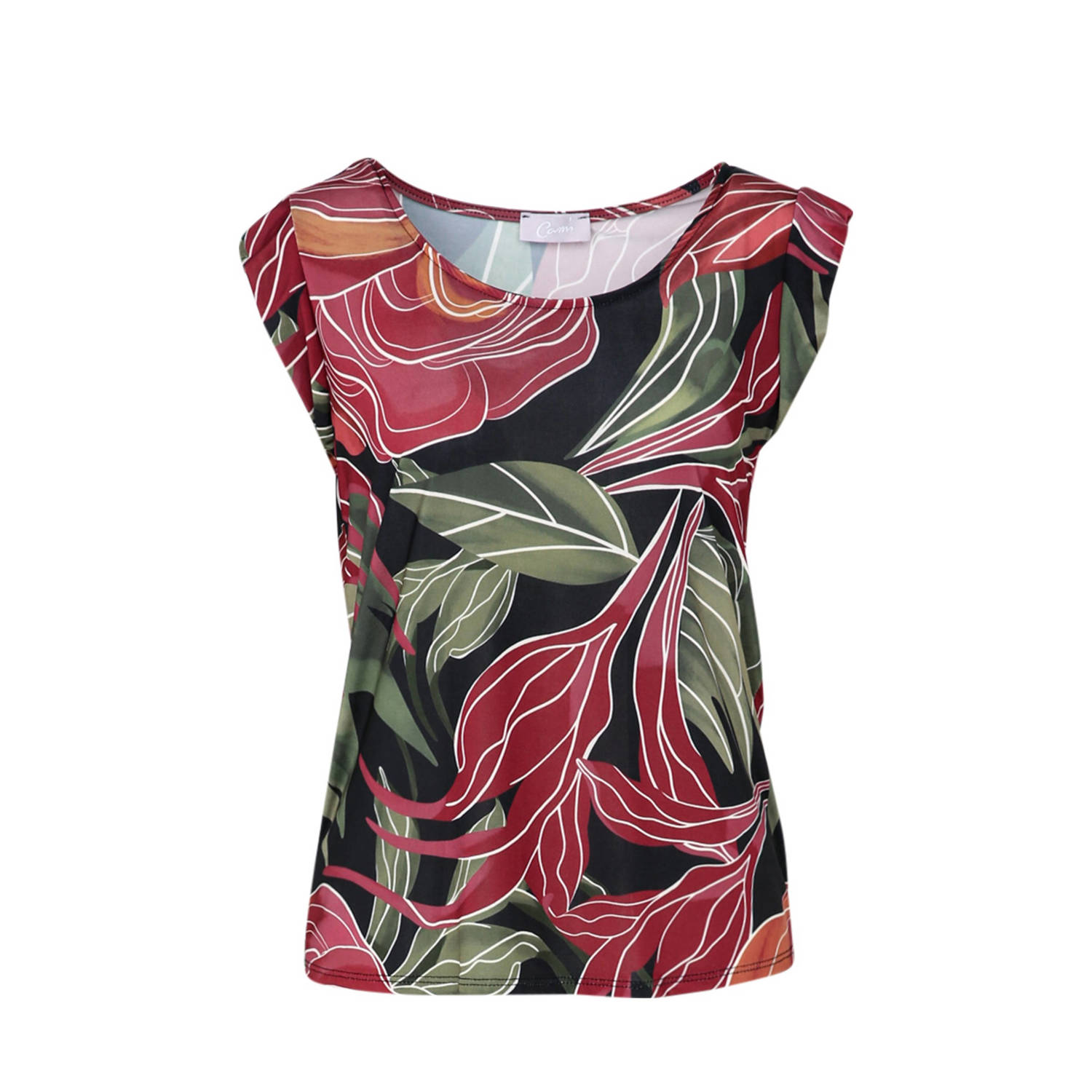 Paprika top met bladprint zwart rood groen