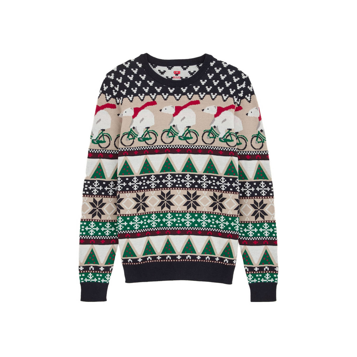 WE Fashion gebreide kersttrui donkerblauw beige groen