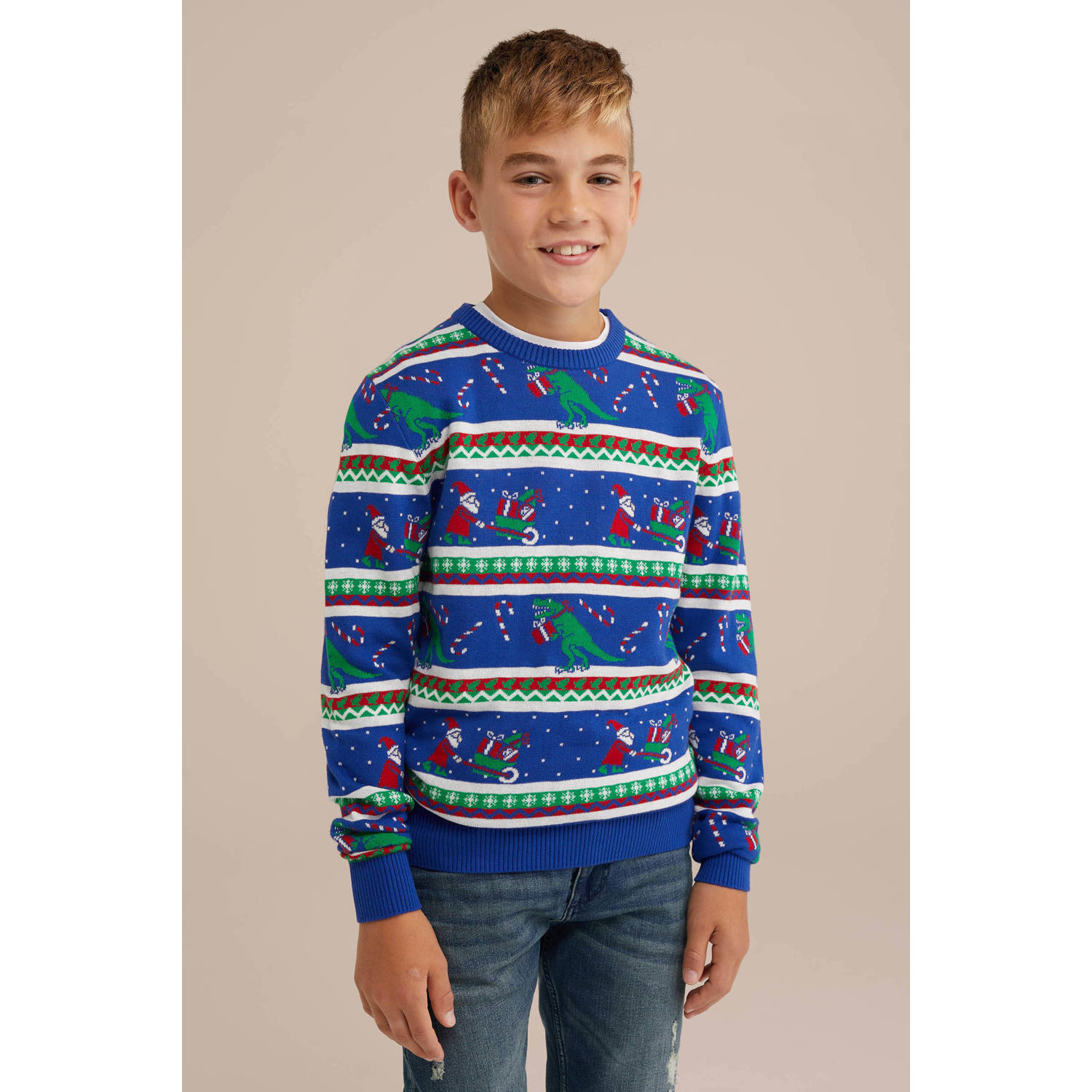 WE Fashion gebreide kersttrui blauw groen