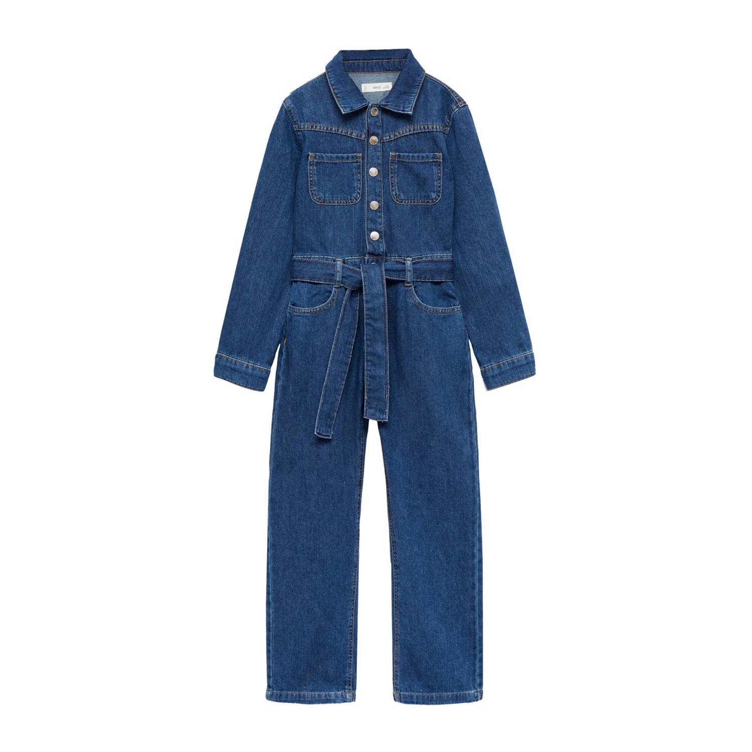 Mango Kids jumpsuit medium blue denim Blauw Effen 116