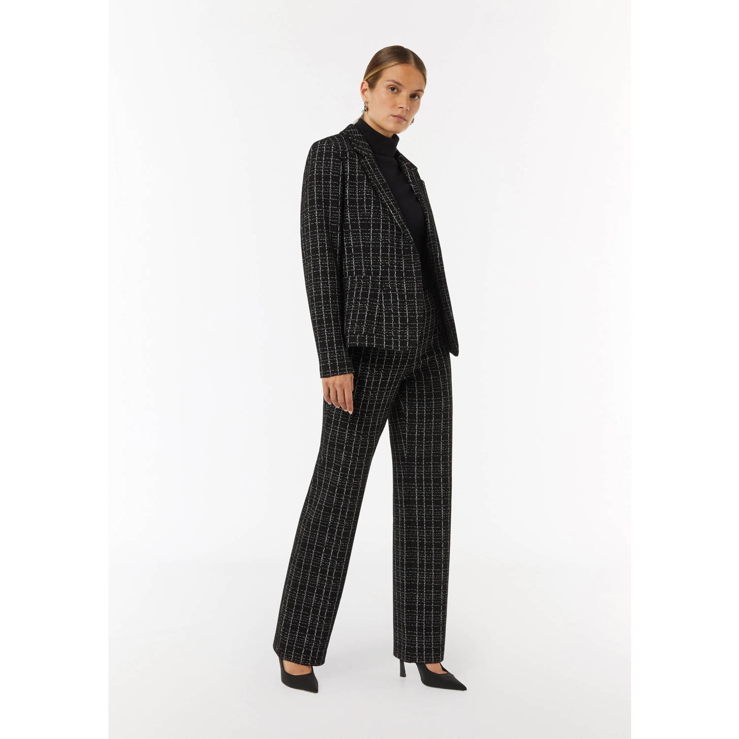 comma geruite straight fit pantalon zwart grijs