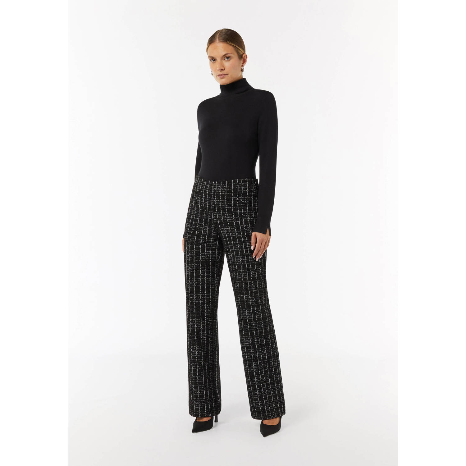comma geruite straight fit pantalon zwart grijs