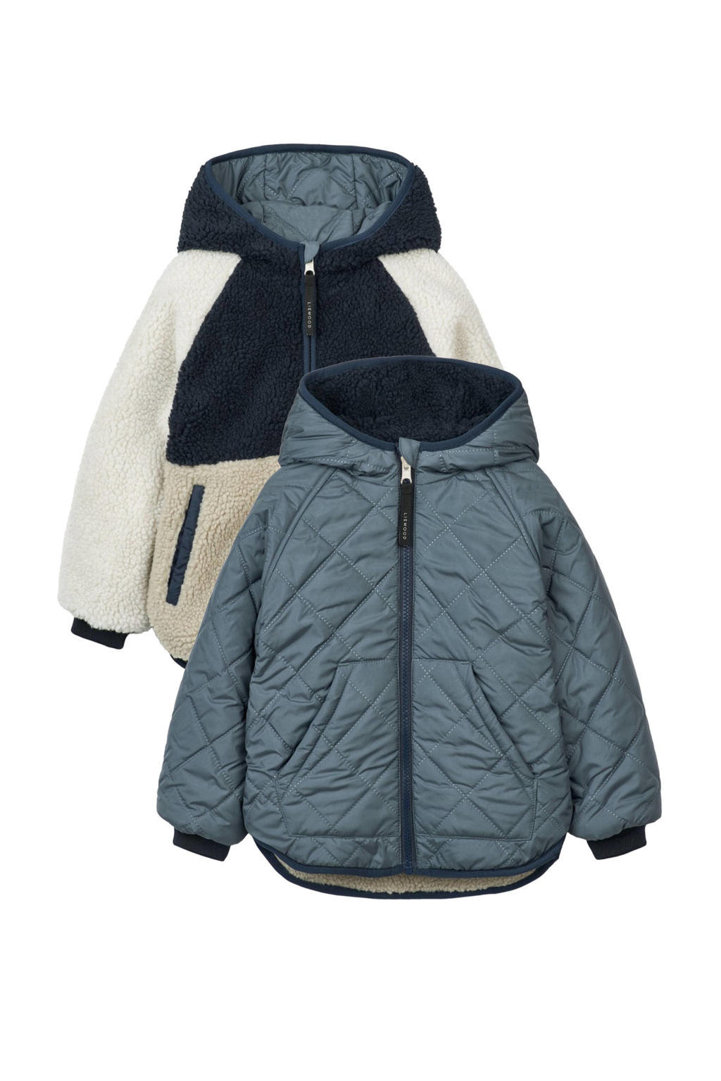 Blauw en witte jongens Liewood reversible gewatteerde winterjas Jackson van teddy materiaal met meerkleurige print, lange mouwen, capuchon en ritssluiting