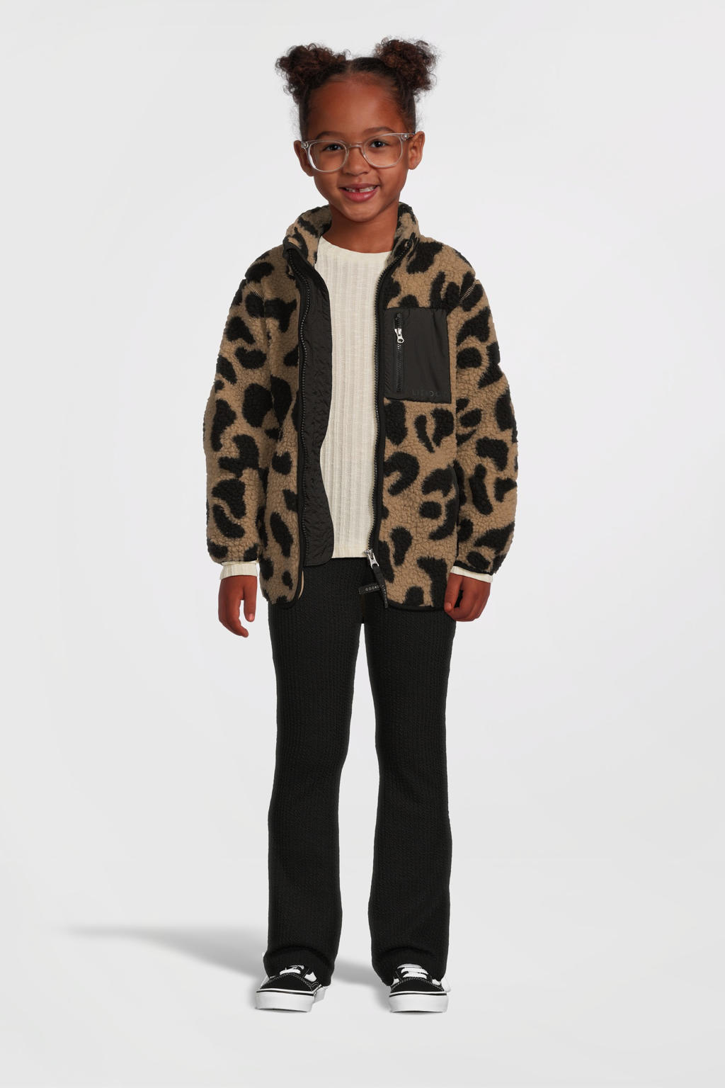 Bruin en zwarte meisjes Liewood teddy winterjas Nolan met panterprint, lange mouwen, opstaande kraag en ritssluiting
