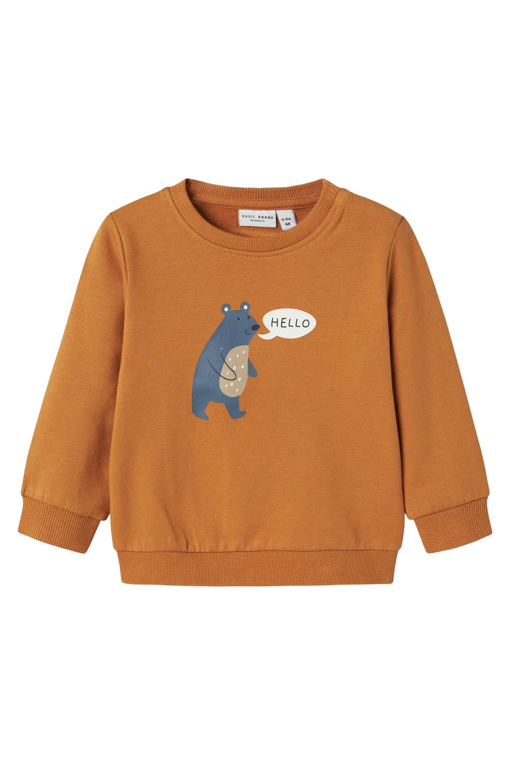 Camelkleurige jongens NAME IT BABY sweater met printopdruk, lange mouwen en ronde hals