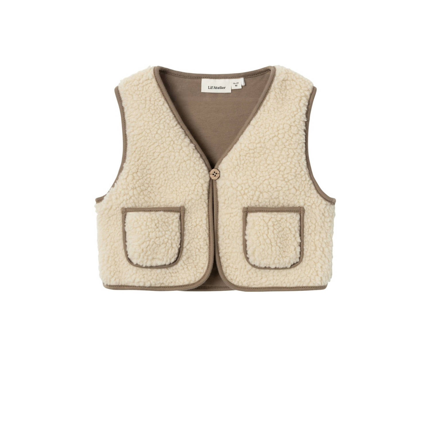 LIL' ATELIER MINI gilet NMMJONO beige bruin Jongens Teddy V-hals Effen 122 128