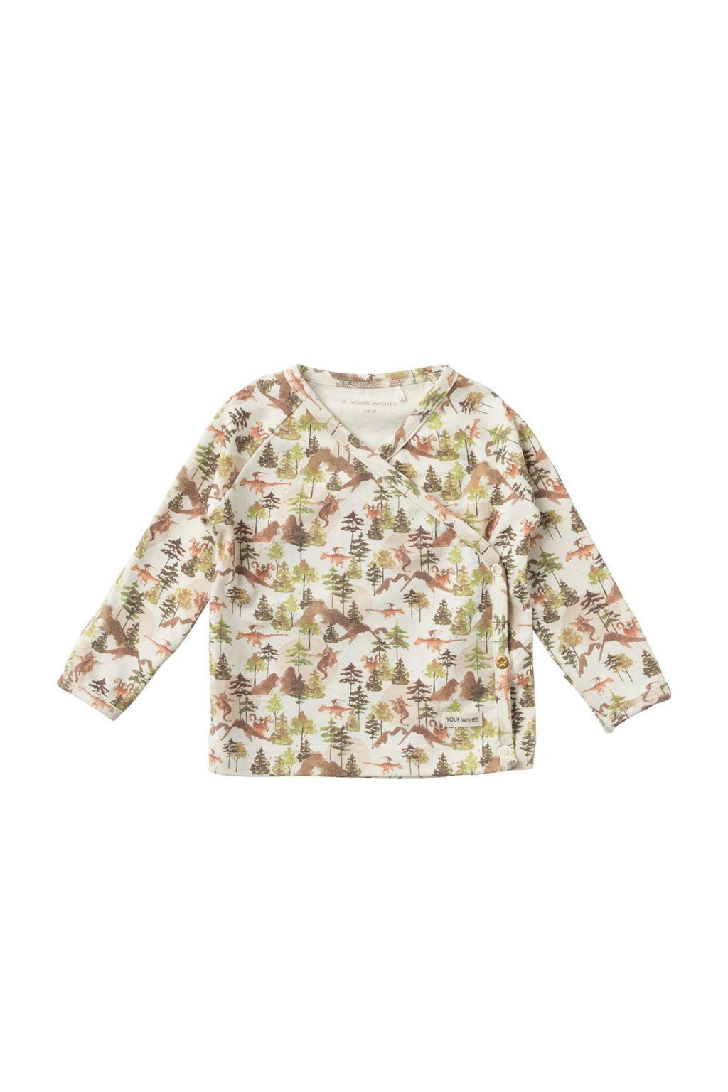 Wit, groen en bruine jongens Your Wishes baby longsleeve en overslag detail met lange mouwen, V-hals en drukknoopsluiting
