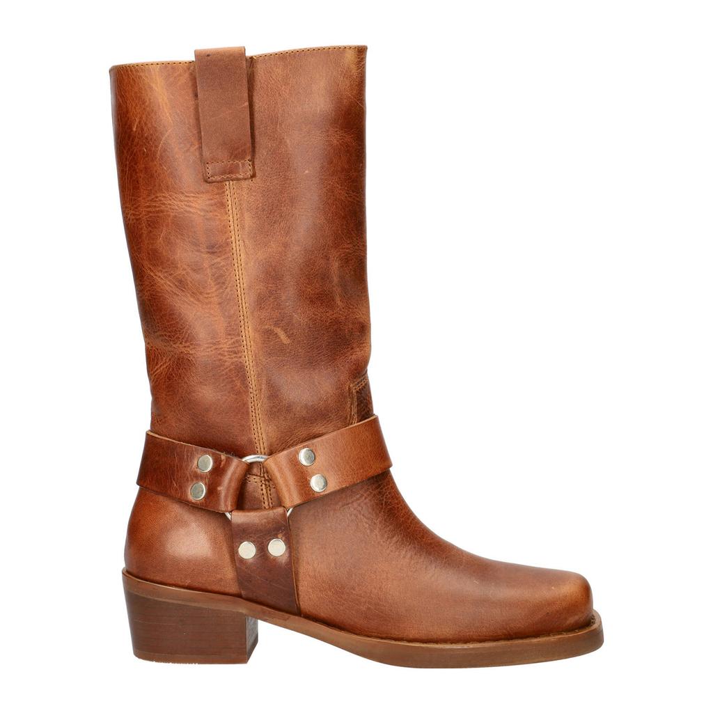 Cognackleurige dames Nelson leren bikerboots met effen