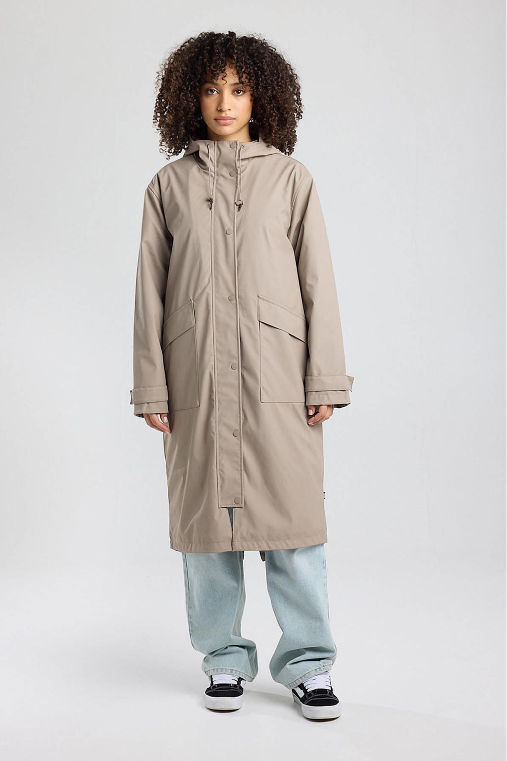 Bruine dames America Today regenjas van polyester met effen, lange mouwen, capuchon en 2-way rits