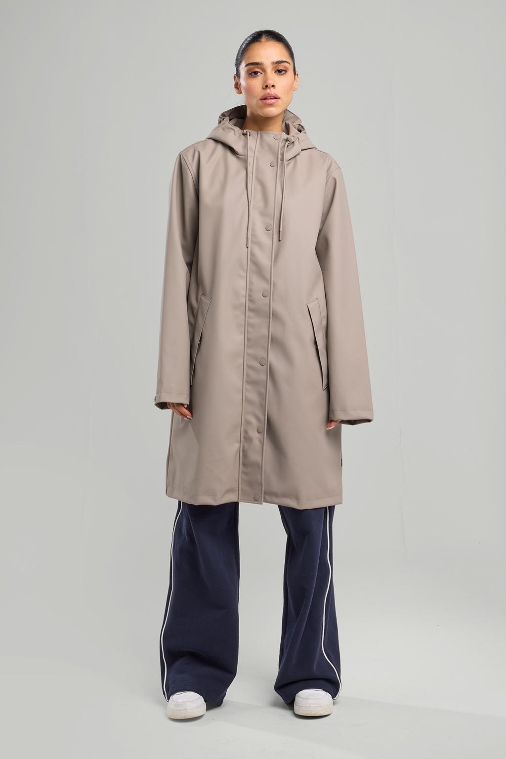 Taupe dames America Today regenjas Janah van polyester met effen, lange mouwen, capuchon en 2-way rits
