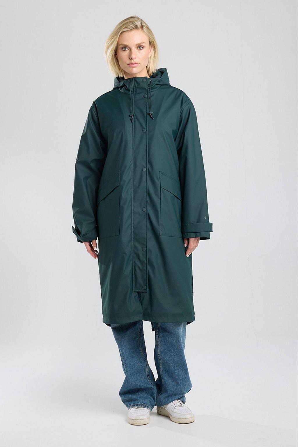 Petrolkleurige dames America Today regenjas van polyester met effen, lange mouwen, capuchon en 2-way rits