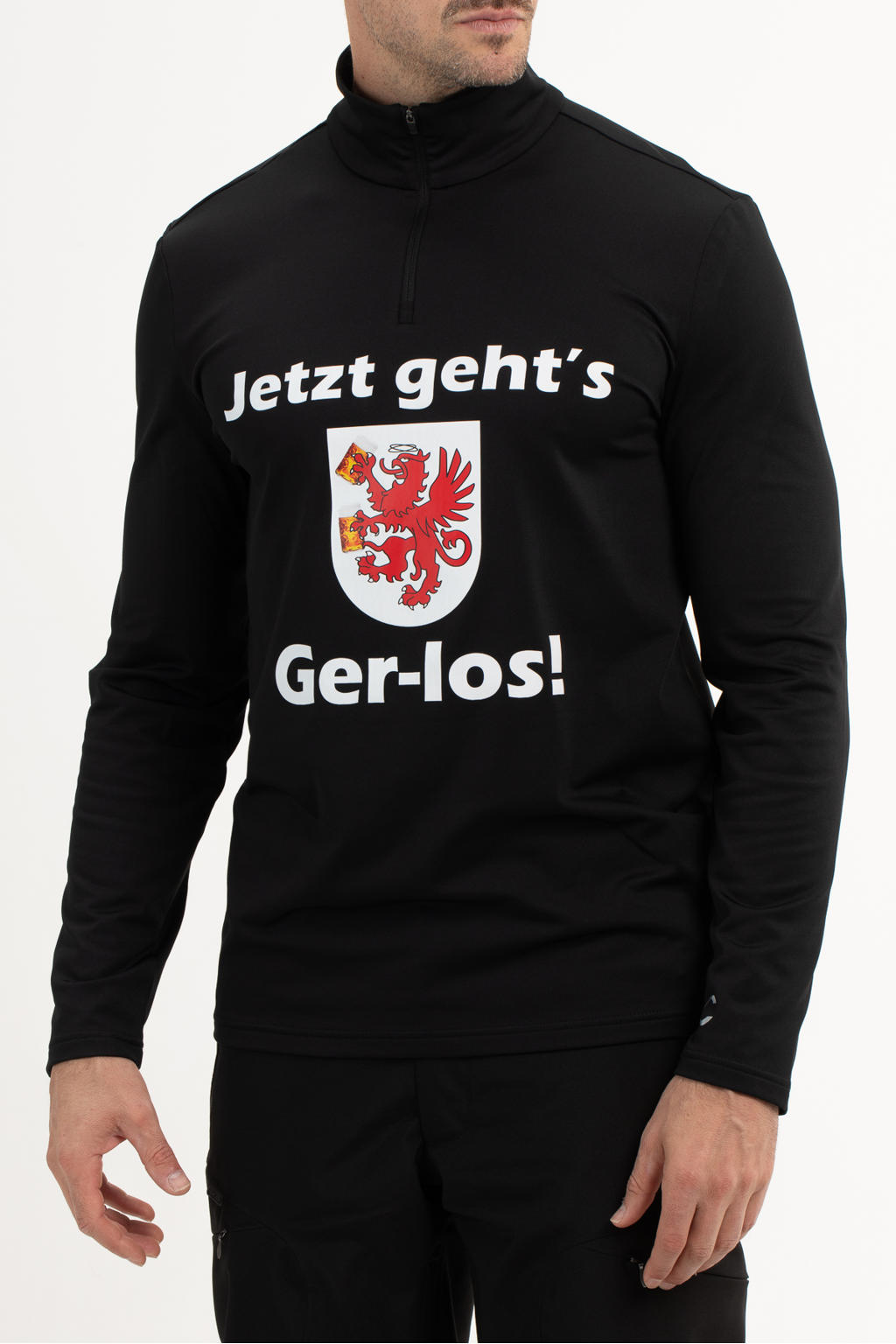 Zwarte heren Ice Ryder skipully Jezt geht’s Ger-los van polyester met printopdruk, lange mouwen, opstaande kraag en halve rits