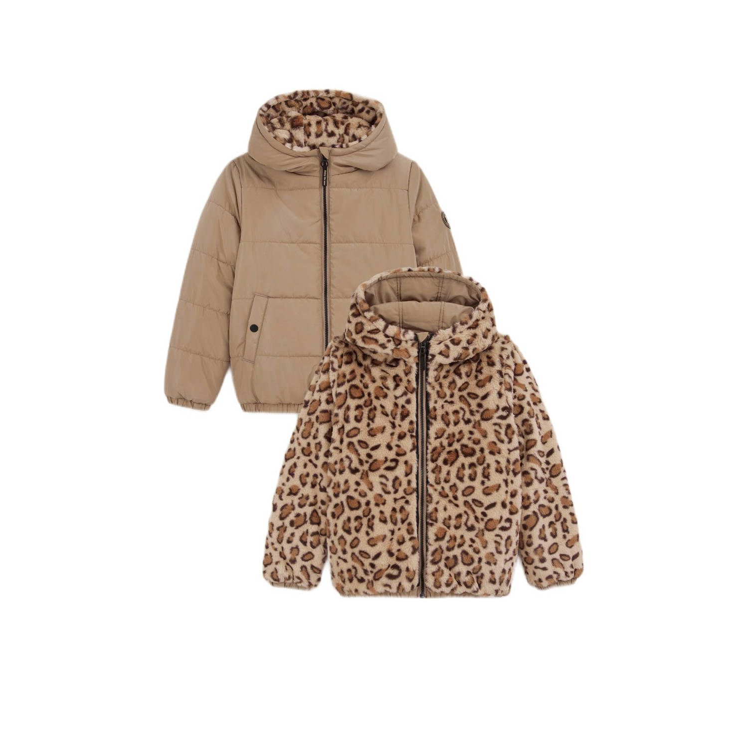 WE Fashion gewatteerde reversible winterjas met panterprint beige bruin zwart