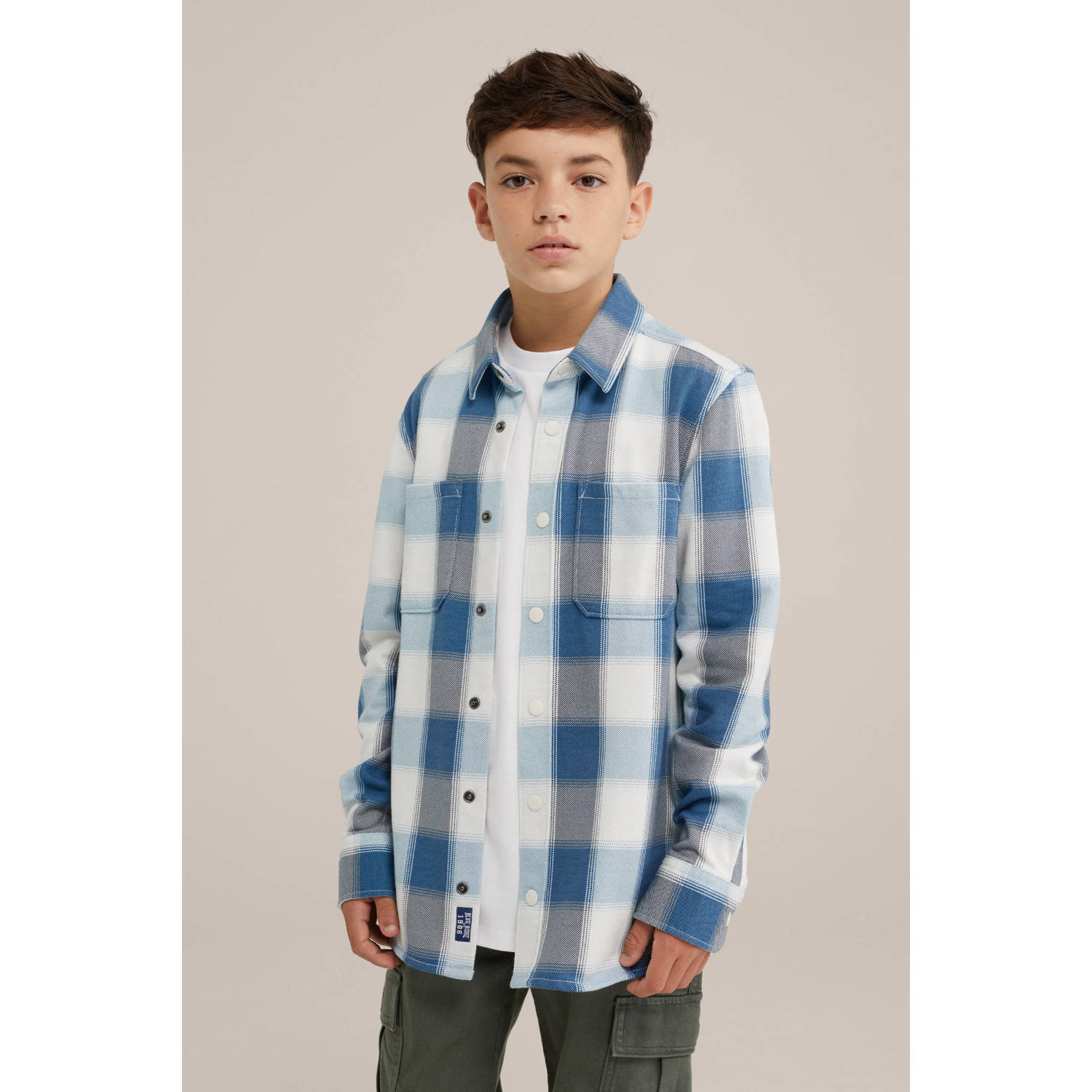 WE Fashion Blue Ridge geruit overhemd blauw wit grijs