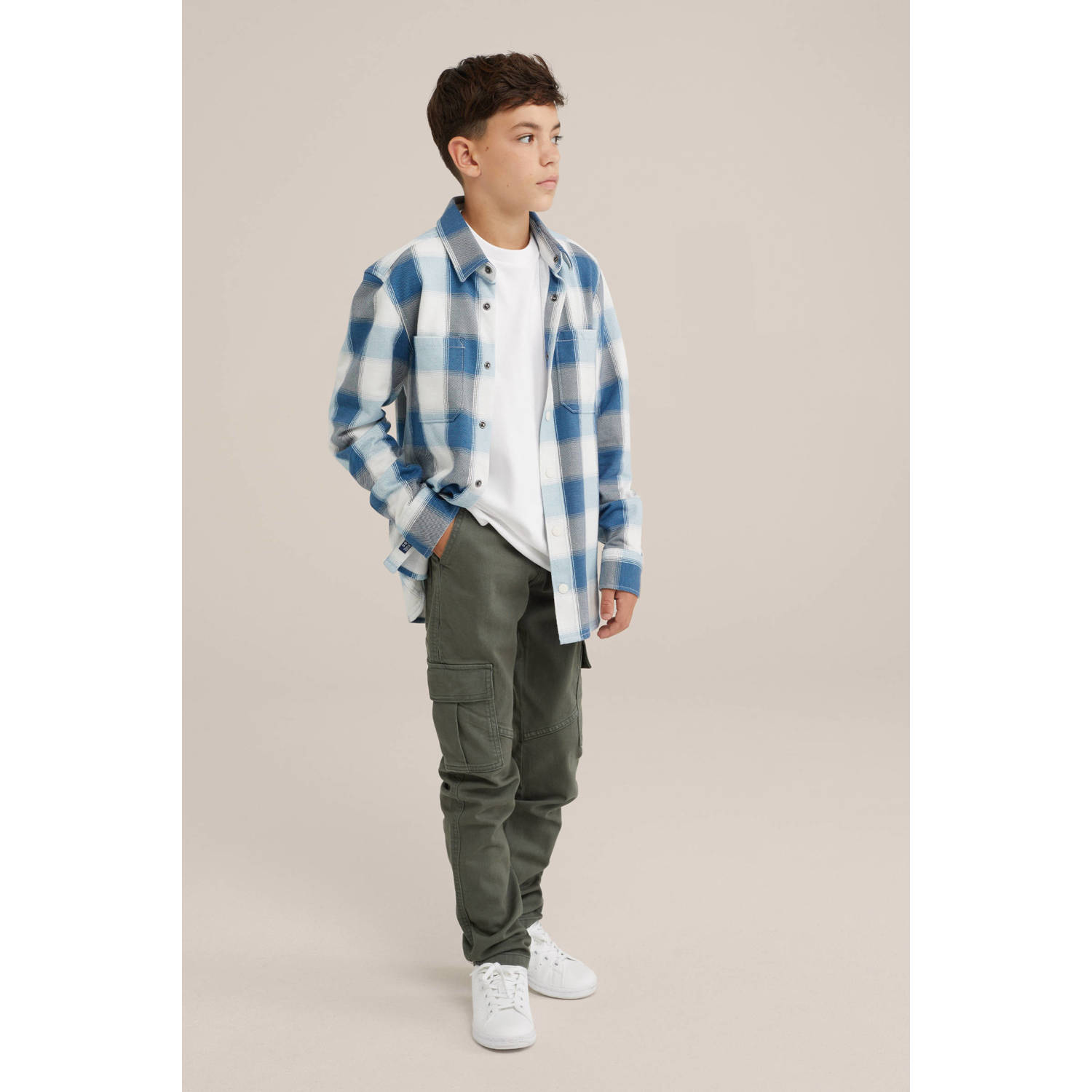 WE Fashion Blue Ridge geruit overhemd blauw wit grijs
