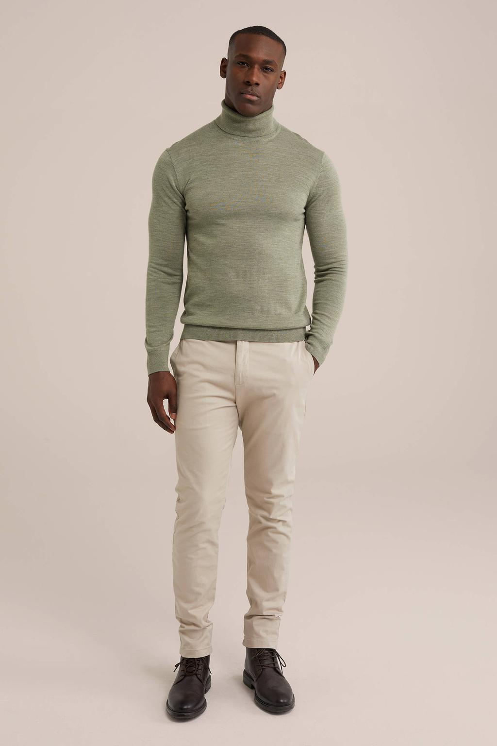 Olijfgroene heren WE Fashion wol coltrui Aloe met effen en lange mouwen
