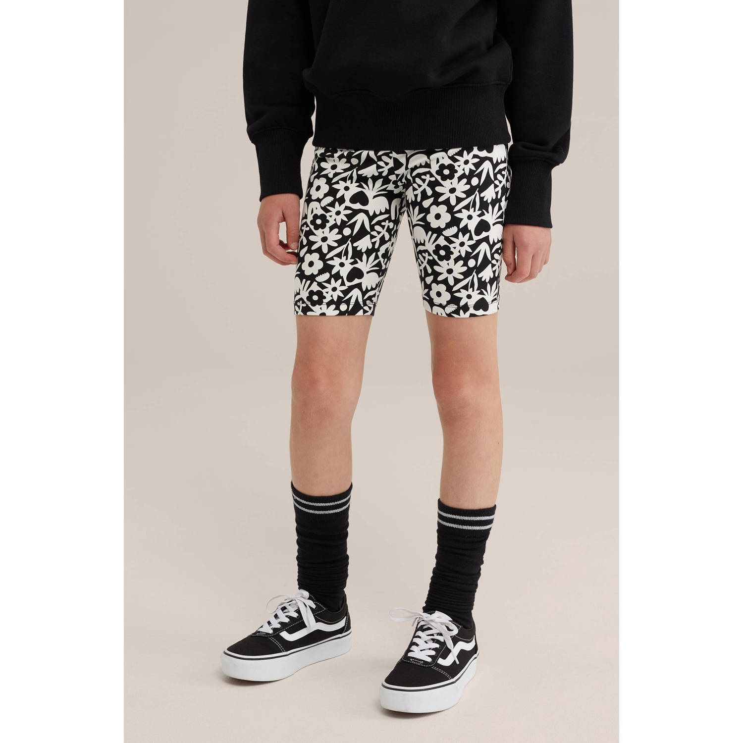 WE Fashion slim fit cycling short biker short met dierenprint Korte broek Zwart Meisjes Viscose 158 164