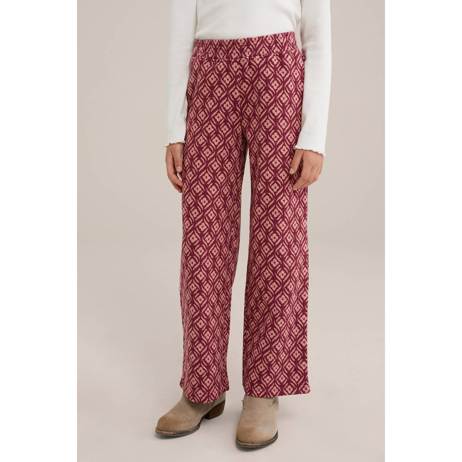 WE Fashion straight fit broek met all over print donkerrood lichtroze