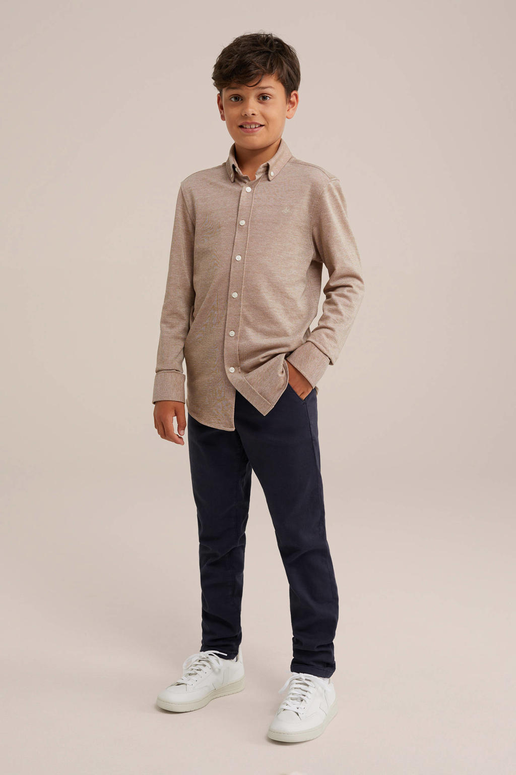 Lichtbruine jongens WE Fashion overhemd van katoen met effen, lange mouwen, button down sluiting en knoopsluiting