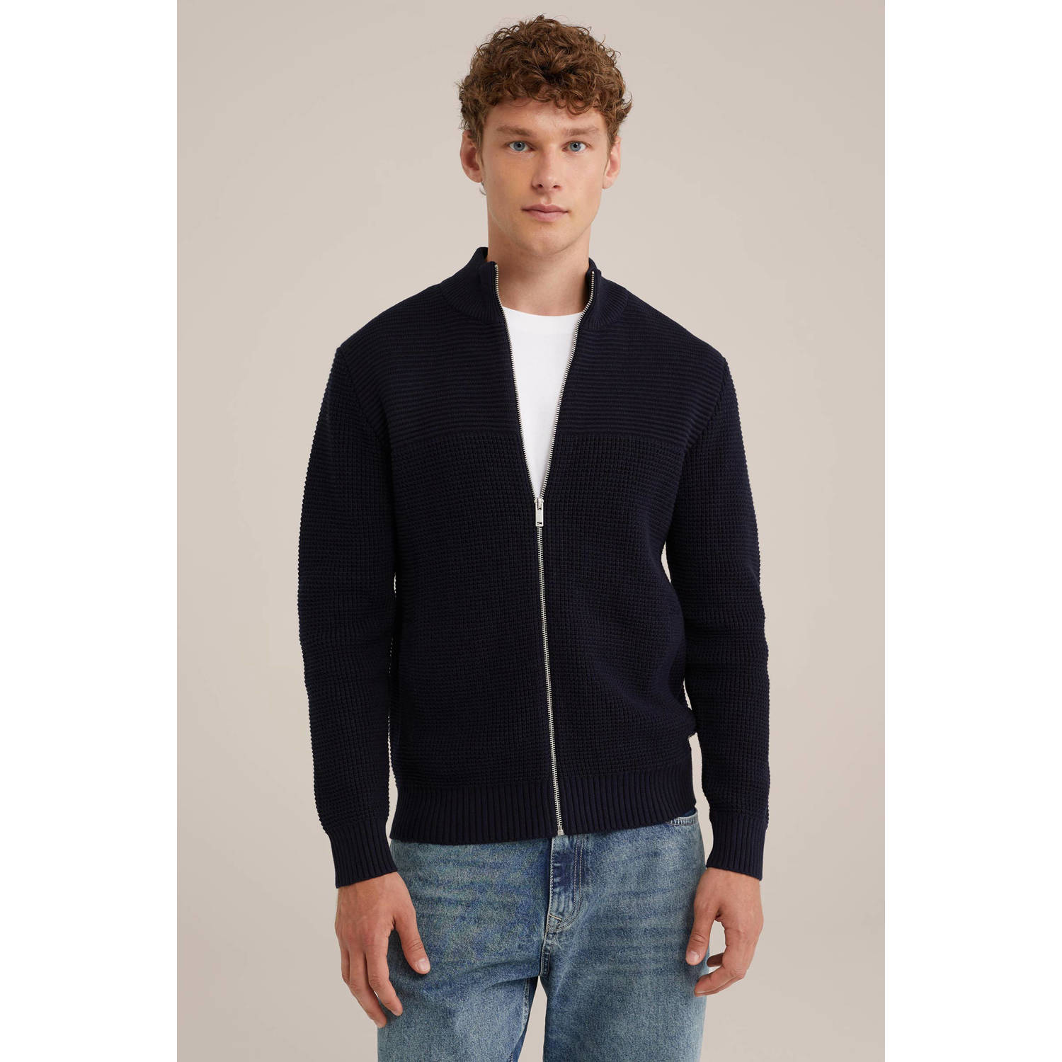 WE Fashion fijngebreid vest met ingebreid patroon donkerblauw