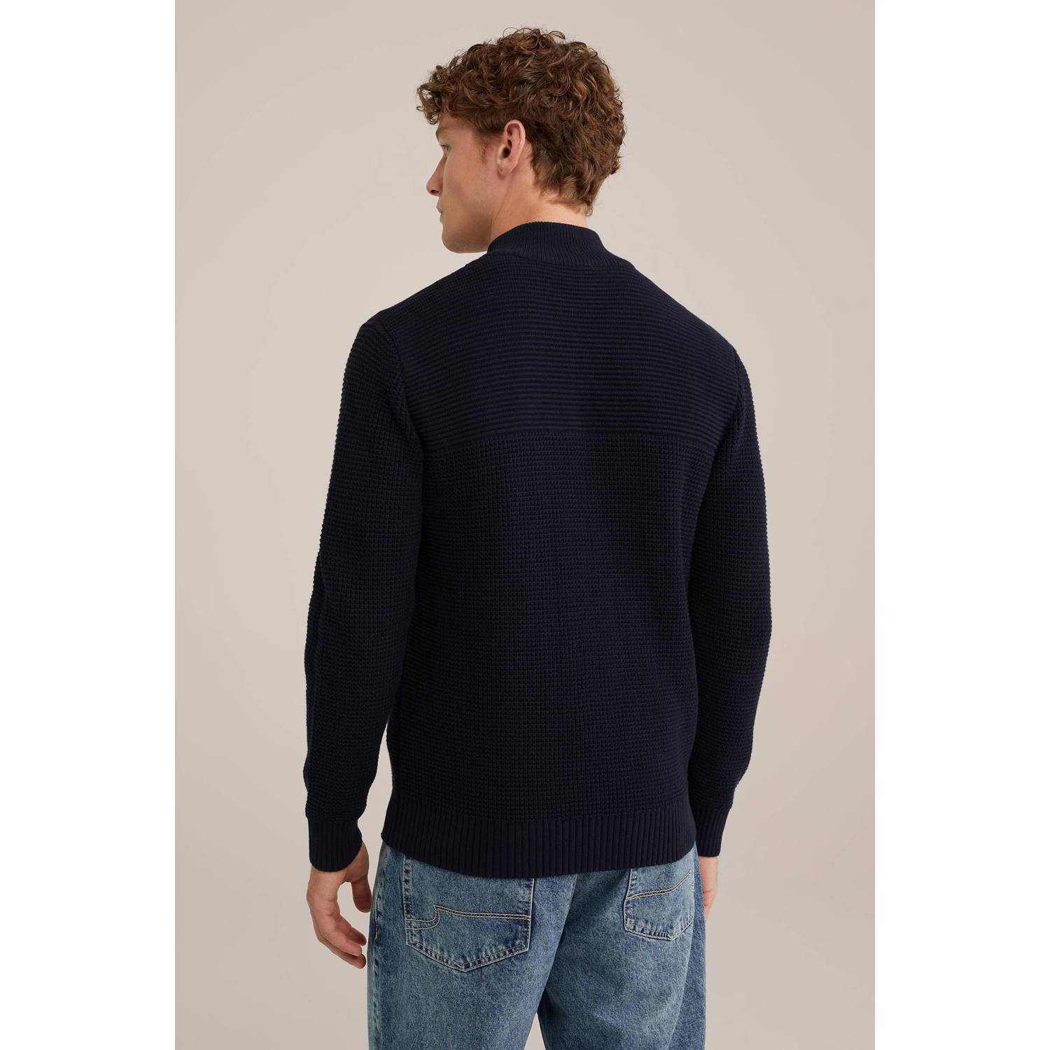 WE Fashion fijngebreid vest met ingebreid patroon donkerblauw