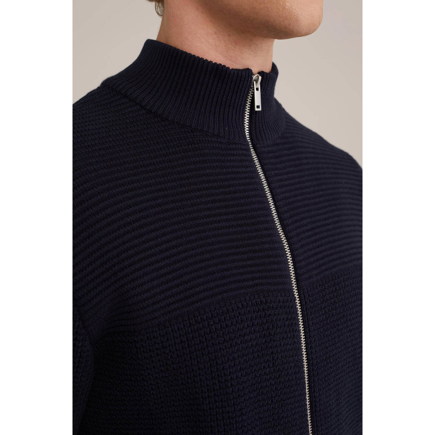 WE Fashion fijngebreid vest met ingebreid patroon donkerblauw