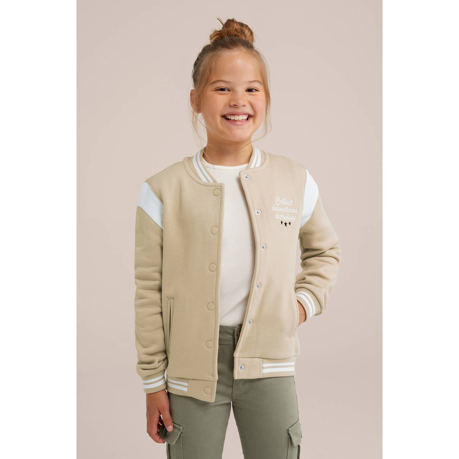 WE Fashion jasje zand wit Beige Meisjes Katoen Ronde hals Meerkleurig 146 152