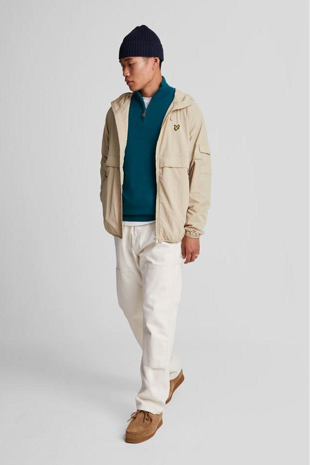 Petrolkleurige heren Lyle & Scott wol gebreide trui met effen, lange mouwen, opstaande kraag en halve rits