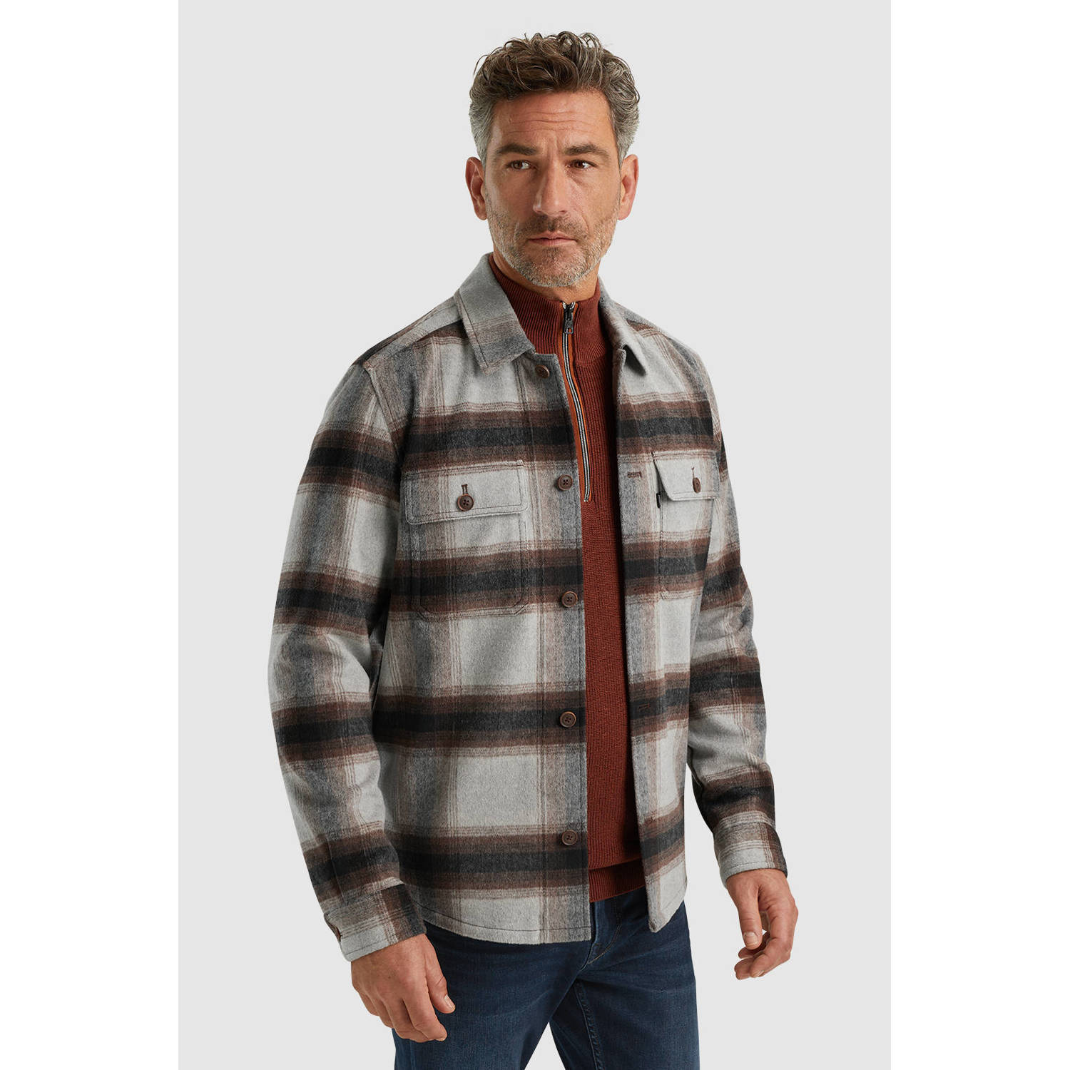 Vanguard Sweater Overshirt Brushed Wolblend Ruit Grijs