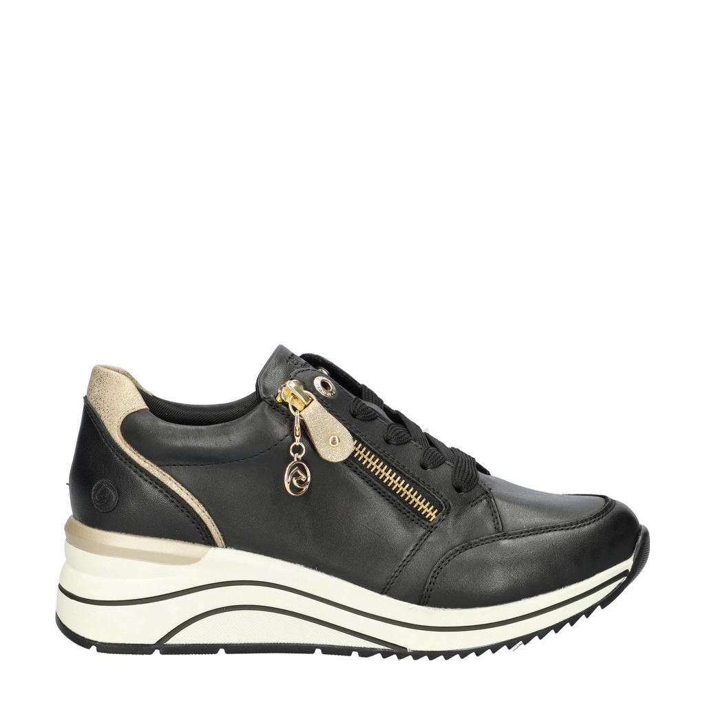 Zwarte dames Remonte leren sneakers met veters