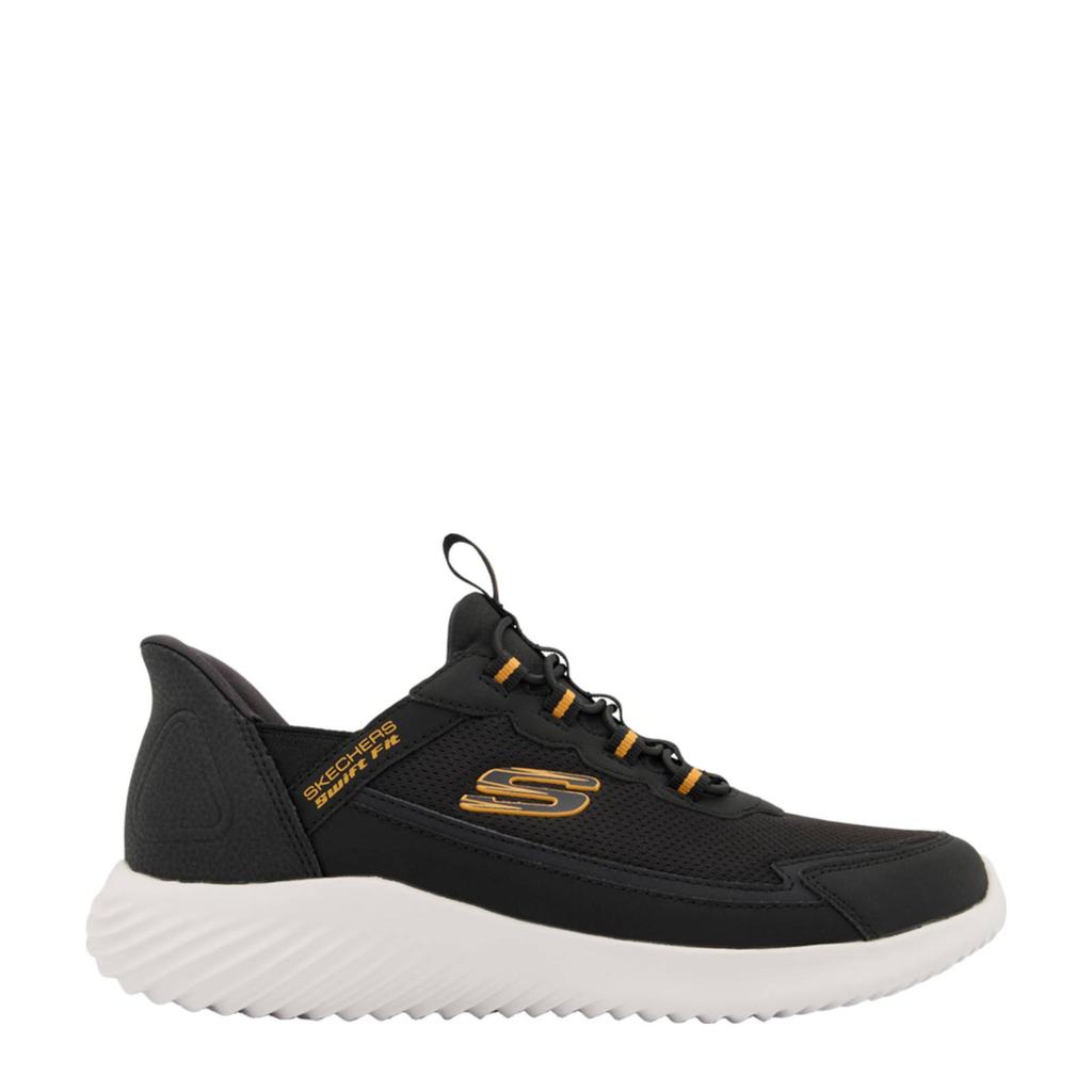 Zwarte heren Skechers slip-on sneakers van synthetisch materiaal met elastische veters