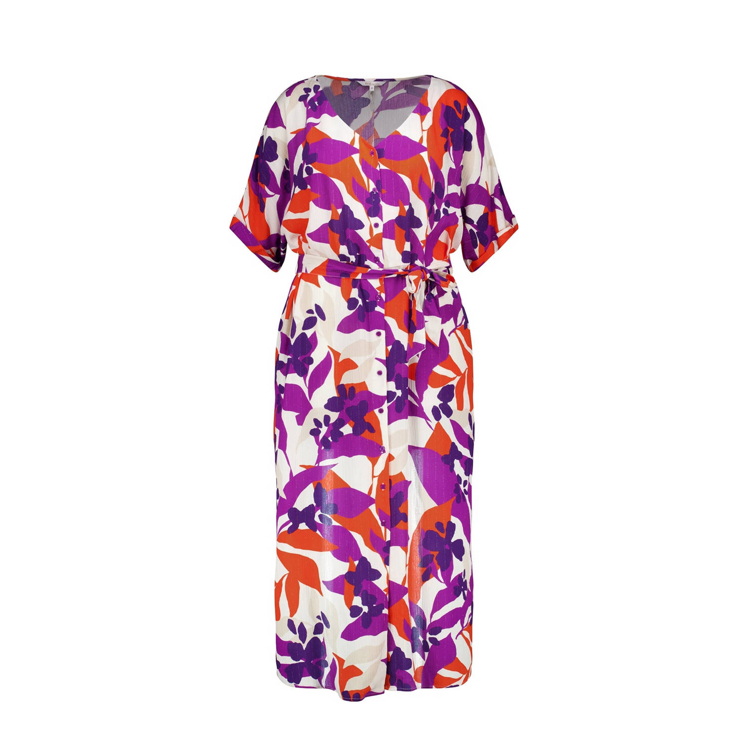 MS Mode maxi blousejurk met all over print en ceintuur paars rood wit