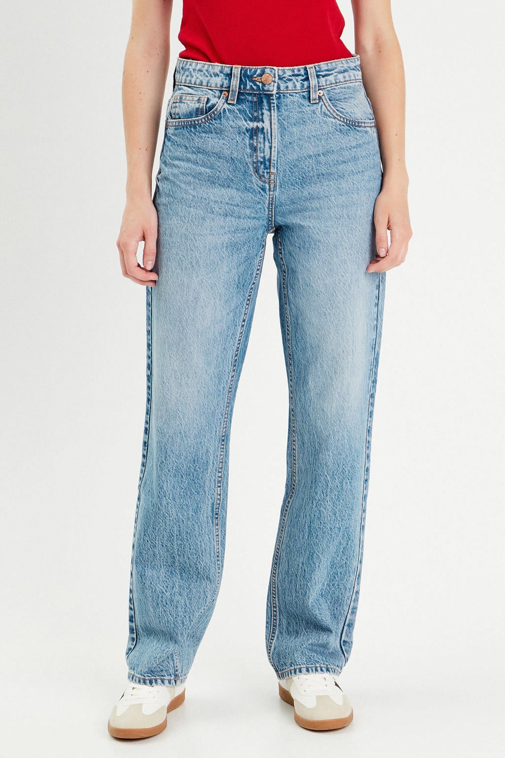 Medium blue denim dames Cache Cache straight leg jeans van denim met rits- en knoopsluiting en effen