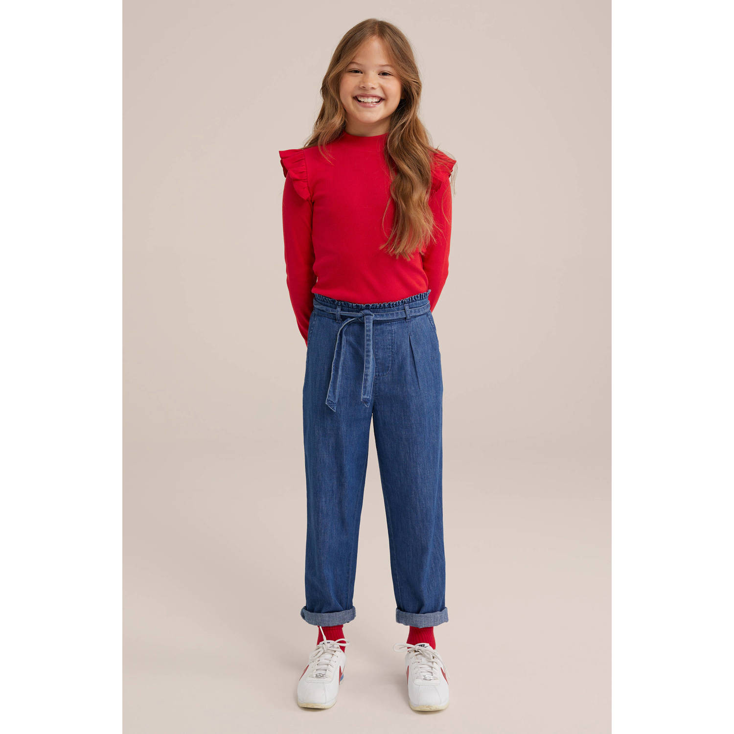WE Fashion longsleeve Rood Meisjes Stretchkatoen Ronde hals Effen 134 140