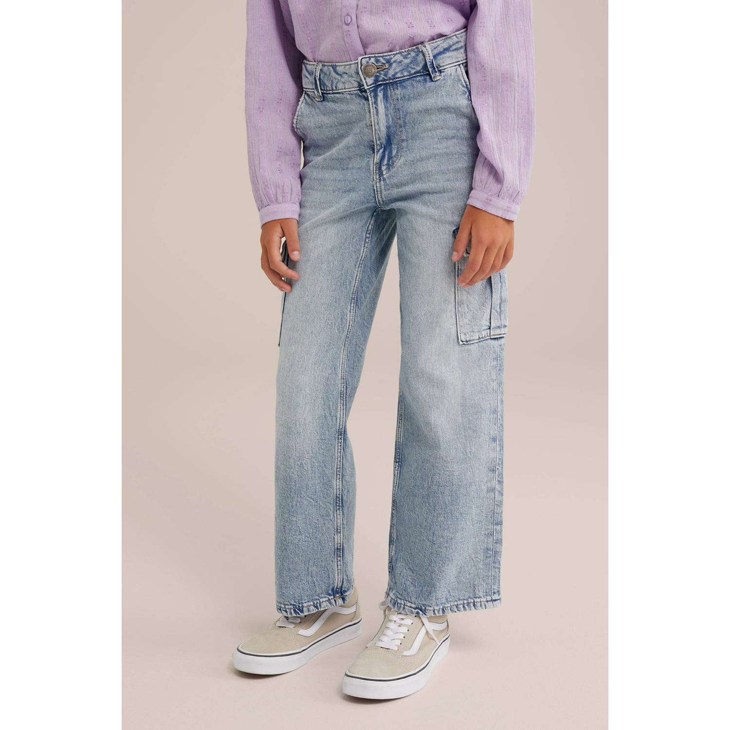 WE Fashion high waist loose fit jeans lichtblauw Meisjes Denim Effen 104