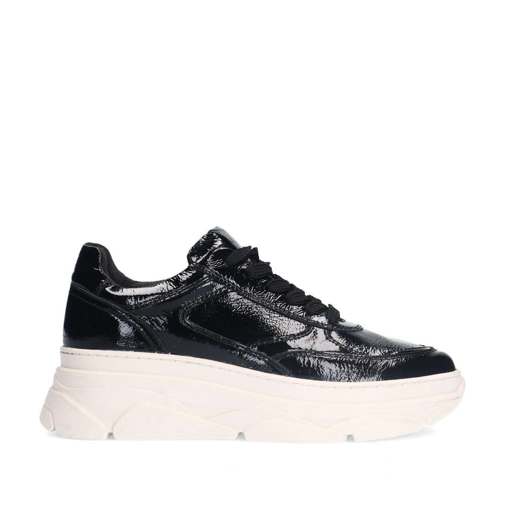 Zwarte dames Manfield lakleren sneakers met chunky hak, veters en effen